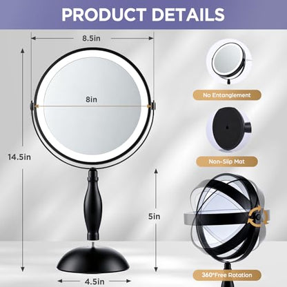 30X Magnifying Mirror with Lights-Matte Black 8" Dual Sided - color: Matte Black