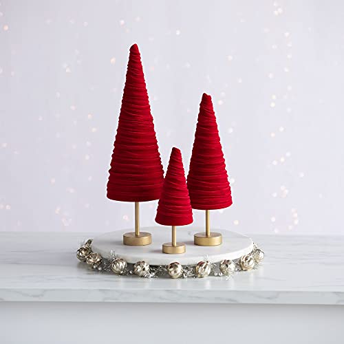 Red Velvet Pedestal Trees Set of 3, Made in USA, Classic Valentine Tabletop, Elegant Mantel Decor, Winter Wedding Centerpiece, Office Bookshelf (Red) - color: Red