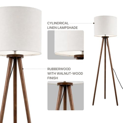 Buruis 60.6 Inch Walnut Wood Tripod Floor Lamp with Linen Drum Shade, Cream - color: Cream