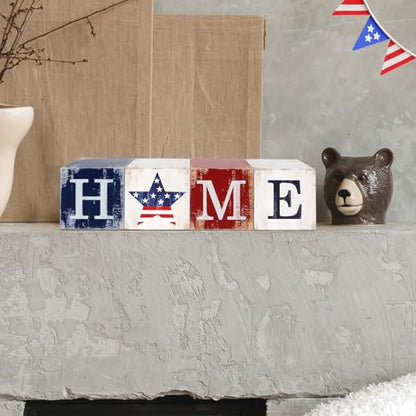 COCHIE 4th of July Decorations Wooden Stars, Patriotic Memorial Day Star Tiered Tray Decor Set of 4, Fourth of July Red White Blue Decoration for Home Office Table Shelf - style: USA HOME Sign