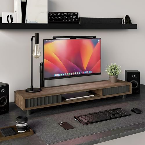 Fenge Dual Monitor Stand with Storage, Desk Shelf with Glass Sliding Door - color: Brown