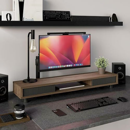 Fenge Dual Monitor Stand with Storage, Desk Shelf with Glass Sliding Door - color: Brown