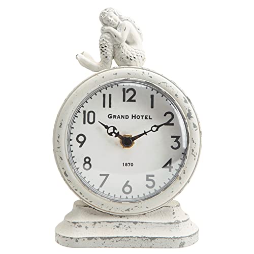 NIKKY HOME Vintage Silent Non-Ticking Table Clock, Mermaid Shelf Desk Top Clock Battery Operated Rustic Design, Beach Home Decor for Living Room Mantel Desktop Countertop, Distressed White