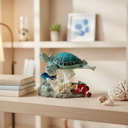 Comfy Hour 7" Sea Turtle and Clownfish on Coral Reef Figurine, Decorative Ocean Theme Sculpture for Beach House, Artisan Crafted Coastal Home Office Tabletop Accent, 1 Unit