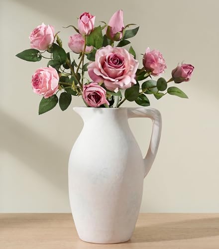 Ceramic Flower Vase with Handle, 9.65 inch Tall Ceramic Vase Home Decor Farmhouse Vases Terracotta Table Vases for Living Room Bathroom Modern Boho Coffee Table Centerpieces Bookshelf Kitchen, White - color: 9.65 in - White