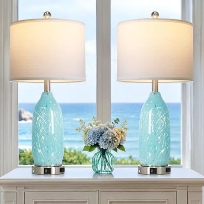 Rinweey 26" Bule Glass Table Lamps Set of 2,Nautical lamp with USB A+C Ports & AC Outlet,Coastal Bedside Lamps with 3-Way Dimmable Touch Control Night Light for Bedroom Living Room,Sky Blue - color: Sky Blue