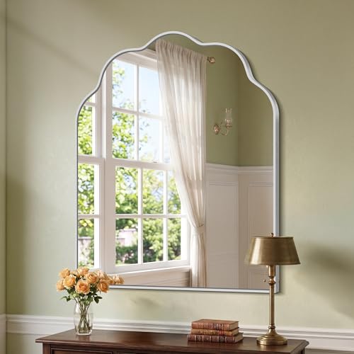 Scalloped Arched Mirror, 30×36Inch Silver Bathroom Mirror, Wavy Wall Mounted Vanity Mirror with Aluminum Alloy Frame for Livingroom Bedroom and Entryway, Tempered Glass - color: Silver, size: 36"L x 30"W