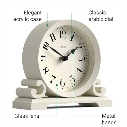 JONES CLOCKS® Saloon Mantel Clock | Small Traditional Double Scroll Design | Pale Cream | Contemporary Classic Style for Desk, Table, Shelf or Bedside - color: Linen White