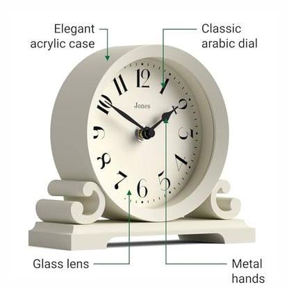 JONES CLOCKS® Saloon Mantel Clock | Small Traditional Double Scroll Design | Pale Cream | Contemporary Classic Style for Desk, Table, Shelf or Bedside - color: Linen White