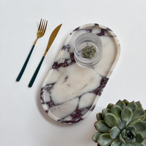 Natural Marble Stone 11.8 inches Oval Catchall Tray Classics Sundries Storage Jewelry Plates (Calacatta Purple)