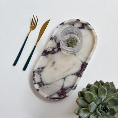 Natural Marble Stone 11.8 inches Oval Catchall Tray Classics Sundries Storage Jewelry Plates (Calacatta Purple)