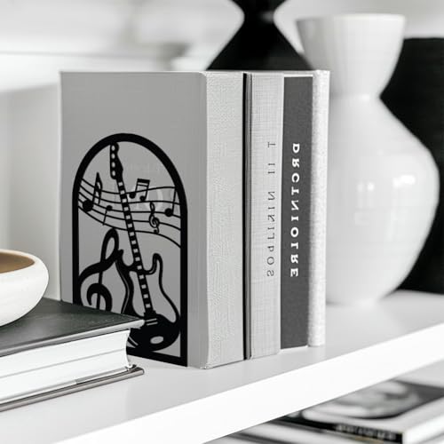 Peacoblue 5.3"x4.3"x7.9" Metal Bookends, Heavy Duty Book Ends for Shelves - style: Guitar and Music Note