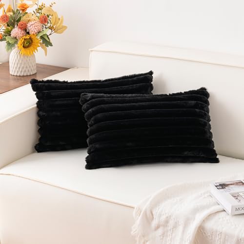 Aegero Pack of 2 Faux Fur Christmas Throw Pillow Covers 12x20 Inch, Black - color: Black, size: 20" x 12" (Pack of 2)