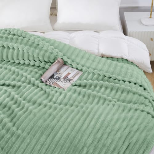 Taliska Ribbed Fleece Throw Blanket for Bed, Sage Green, 90"x90" - color: Sage Green, size: Throw(90"x90")