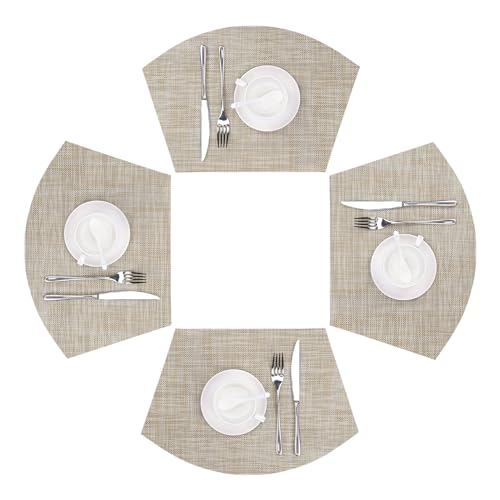 SHACOS Wedge Placemats Set of 4 for Small Round Table Woven Vinyl Curved Placemats Wipe Clean Circle Table Mats Indoor Outdoor, Beige - color: Linen Beige