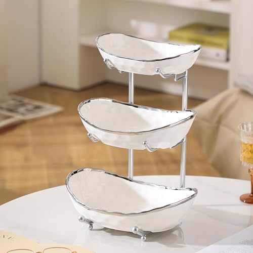XUDREZ 3 Tier Fruit Bowl with Metal Stand for Kitchen Counter, Ceramic White Gold Silver, Tiered Fruit Basket for Nuts, Snacks, Bread, Candy Storage (White B) - color: White B