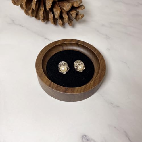 Wooden Jewelry Tray Small Trinket Dish with Velvet Surface Rings Earrings Dish Necklaces Display Tray for Dresser Drawer Tabletop(Round) - size: Round-Black