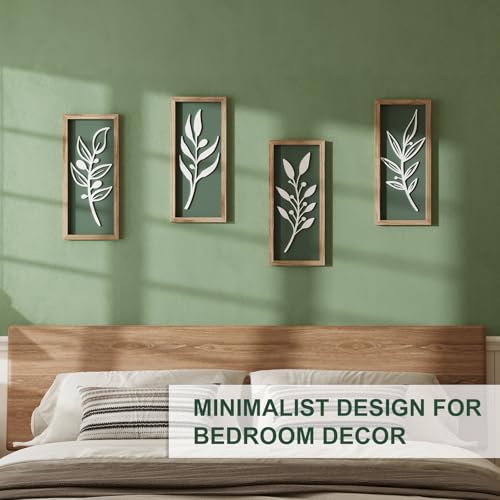 3D Tree Leaf Boho Wall Art, Sage Green, Wooden Framed, Set of 4 - color: 4 Pcs Sage Green, size: 7"X16"