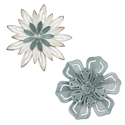 hogardeck Metal Flower Wall Decor, 2 PCS 11" Metal Farmhouse Wall Decor, Floral Metal Wall Art for Indoor Outdoor, Boho Wall Decor for Bathroom, Living Room, Kitchen, Bedroom, Porch, Garden, Yard - color: White Gray - 2-Pack