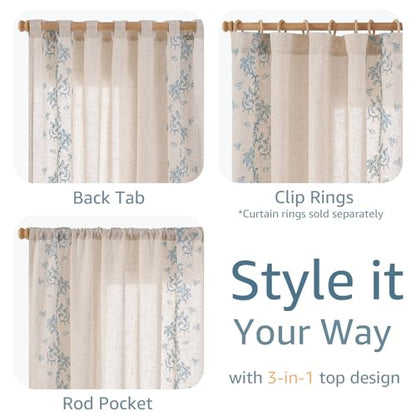 jinchan Floral Linen Curtains, Back Tab 50x96 Inch, 2 Panels Blue - color: Vine | Sky Blue, size: 50"W x 96"L (Pack of 2)