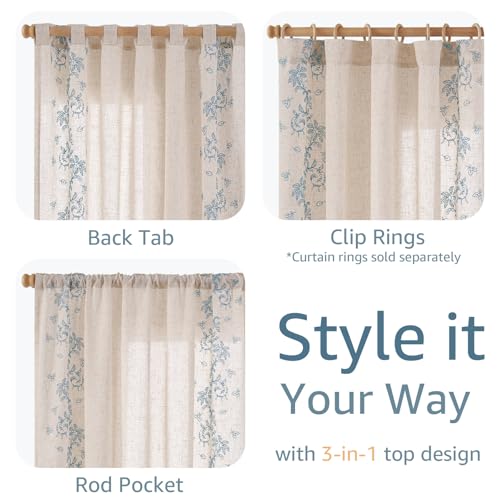 jinchan Floral Linen Curtains, Back Tab 50x84 Inch, 2 Panels Blue - color: Vine | Sky Blue, size: 50"W x 84"L (Pack of 2)