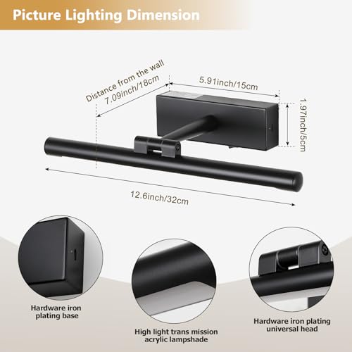 12.6 Inch Black Battery Operated Picture Light with Remote - color: Black, size: 12.6 In