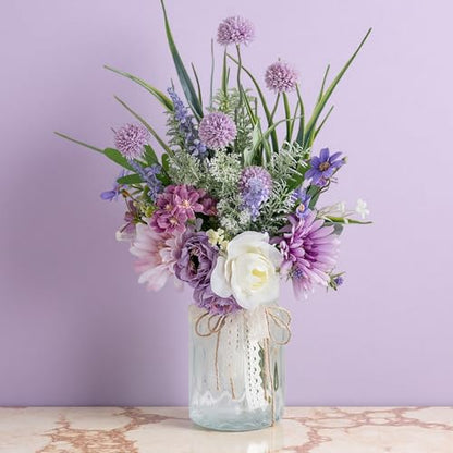 Artificial Faux Flowers in Vase-Fake Purple Transvaal Daisy and Dandelion - color: Purple & White