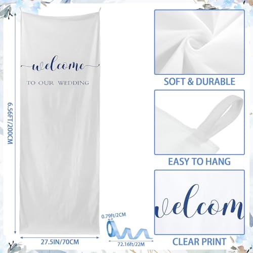 Tingjoo 27x78" Wedding Banner White, Deep Blue Backdrop Bow Hanging - color: White, Deep Blue, style: Wedding
