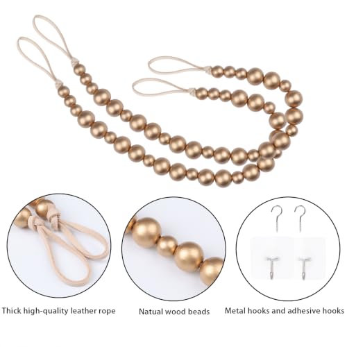 2 Pack Wood Bead Curtain Tieback, Boho Curtain Holdbacks, Gold - color: Gold