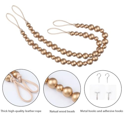 2 Pack Wood Bead Curtain Tieback, Boho Curtain Holdbacks, Gold - color: Gold