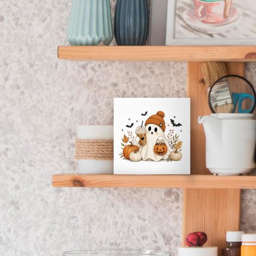 Halloween Fall Ghost Coffee Pumpkin Wood Box Sign Desk Decor 5X5 - color: Cozy Ghost