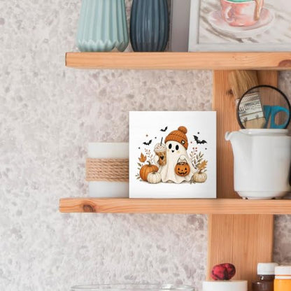 Halloween Fall Ghost Coffee Pumpkin Wood Box Sign Desk Decor 5X5 - color: Cozy Ghost
