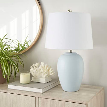 Nourison Home 23" Coastal Blue Ceramic Pot Table Lamp for Bedroom, Living Room, Dining Entryway, with White Shade - color: Light Blue, size: 1 Lamp - Drum Shade