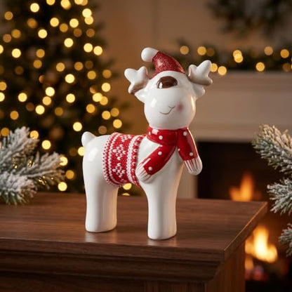 Christmas Decor Reindeer Deer Decor Ceramic Figurine White Glazed Deer Figurine with Santa Hat Scarf Knit Blanket for Tabletop Mantel Shelf Christmas Decorations Indoor