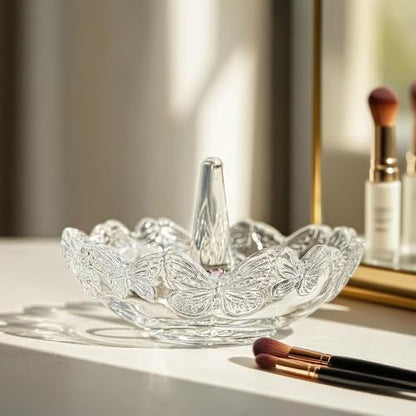 4" Crystal Ring Holder Dish, Glass Jewelry Tray, Decorative Trinket Tray - color: Clear,butterfly