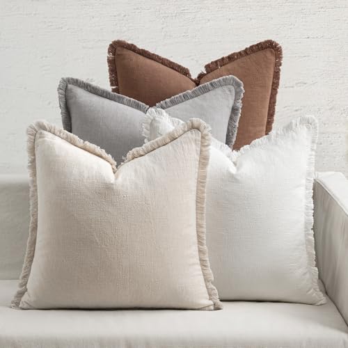 MIULEE Fall Linen Fringe Pillow Covers Set of 4 18x18 Beige/Brown/Grey - color: Neutral, size: 18" x 18" (Pack of 4)