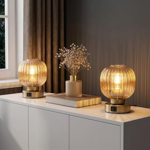 Elenhome Touch Table Lamp Set of 2, 3-Way Dimmable with Glass Shade, USB-C+A Charging Ports, Mid-Century Modern Small Bedside Lamps for Nightstand, Bedroom, and Living Room, LED Bulb Included (Amber) - color: Gold_2pack