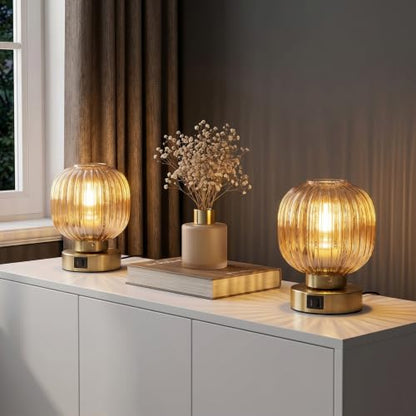 Elenhome Touch Table Lamp Set of 2, 3-Way Dimmable with Glass Shade, USB-C+A Charging Ports, Mid-Century Modern Small Bedside Lamps for Nightstand, Bedroom, and Living Room, LED Bulb Included (Amber) - color: Gold_2pack