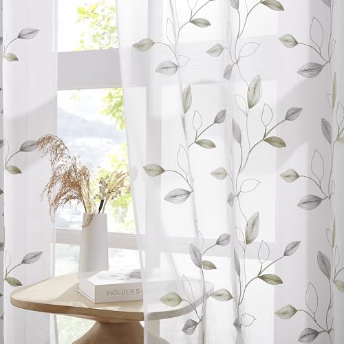 Bujasso Embroidered Leaf Sheer Curtains, Gray Green 38" Wx84 Lx2 - color: Gray Green, size: 38"W x 84"L (Pack of 2)