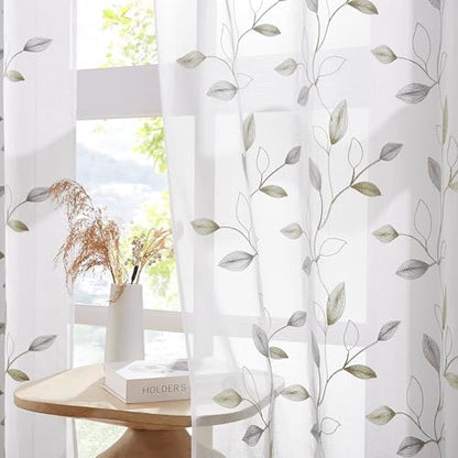 Bujasso Embroidered Leaf Sheer Curtains, Gray Green 38" Wx90 Lx2 - color: Gray Green, size: 38"W x 90"L (Pack of 2)