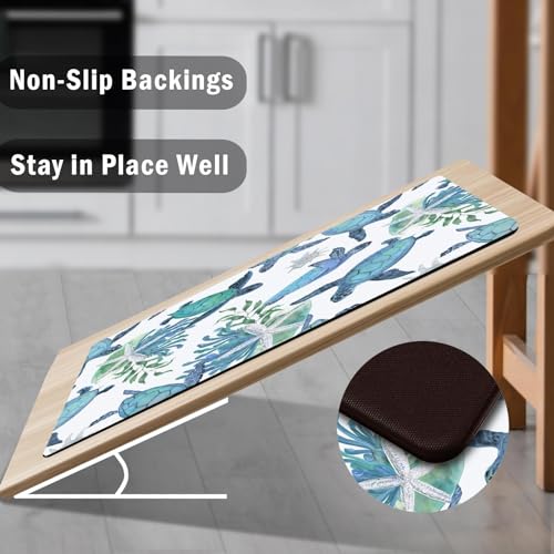Tritard Coastal Beach Kitchen Rugs Mats Set of 2 Cushioned Anti Fatigue Kitchen Floor Mat 0.4 Inch Sea Turtles Non Slip Waterproof Kitchen Rug PVC Leather Comfort Mats for Kitchen, Blue, 17x28+17x47 - color: Blue-4