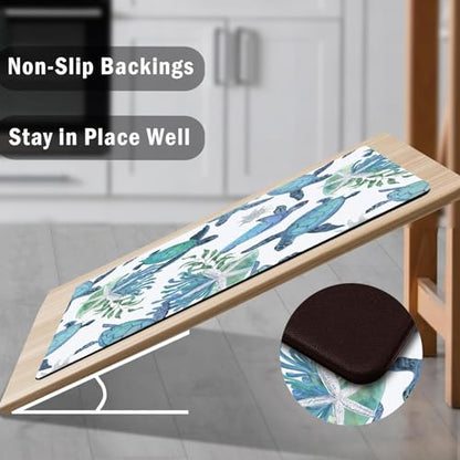 Tritard Coastal Beach Kitchen Rugs Mats Set of 2 Cushioned Anti Fatigue Kitchen Floor Mat 0.4 Inch Sea Turtles Non Slip Waterproof Kitchen Rug PVC Leather Comfort Mats for Kitchen, Blue, 17x28+17x47 - color: Blue-4