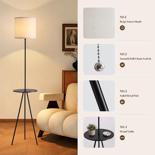 Floor Lamp with Table Attached, Linen Shade, Standing Lamp for Living Room - color: Black