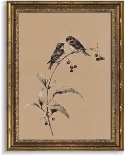 Gold Framed 3D Textured Wall Art, Vintage Sketch Birds on Branch Canvas Prints, Minimalist Love Bird Pictures Decor, Neutral Botanical Birds Gallery Artwork for Living Room Bedroom Bathroom 12x16inch - color: Birds on Branch, size: 16"L x 12"W
