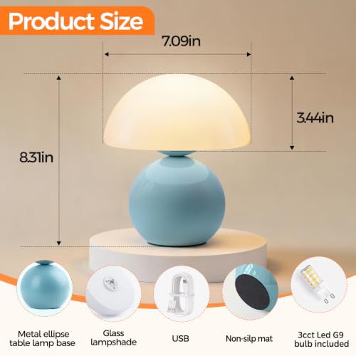 NIORSUN Mushroom Lamp Table Lamp for Bedroom, Portables Cordless Table Lamp,Wireless lamp,Small Bedside Table Touch Lamps for Living Room,Mini Mushroom 5200mAh Battery Operated Lamp Modern Blue - color: Blue, size: 1 Pack-Wireless
