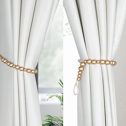 2 Pack Wood Bead Curtain Tieback, Boho Curtain Holdbacks, Gold - color: Gold
