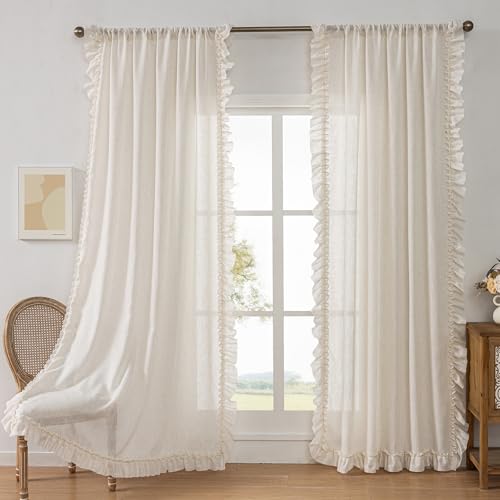 Natural Linen Curtains with Ruffled Edges Farmhouse 58 x 108 Inch 2 Panels - color: Natural Linen, size: 58"W x 108"L (Pack of 2)