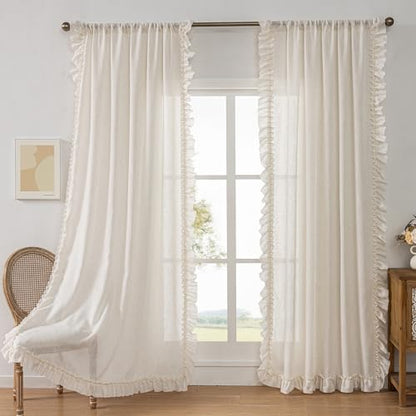 Natural Linen Curtains with Ruffled Edges Farmhouse 58 x 108 Inch 2 Panels - color: Natural Linen, size: 58"W x 108"L (Pack of 2)