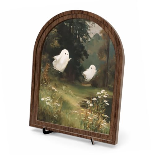Cute Woodland Ghosts Arched Wood Frame Tabletop Decor, Halloween Wall Art - color: Color 13