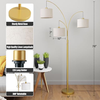SUNMORY 3 Lights Floor Lamps for Living Room，78" Tall Arc Standing Lamp - color: Gold (Rotary Switch)